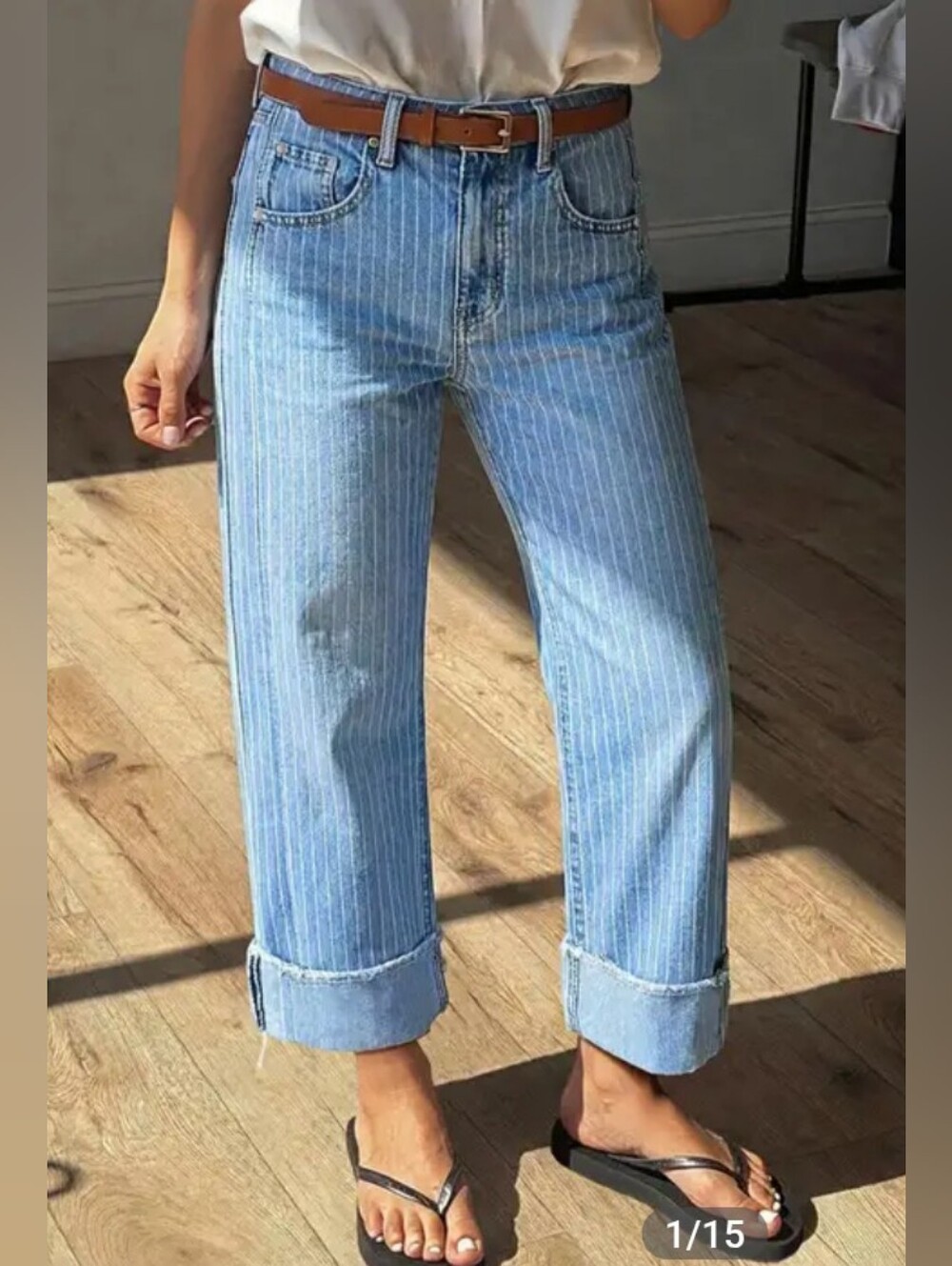 Flamingals Striped Roll Hem Seam Front Mid Rise Straight Leg Crop Jeans NWT